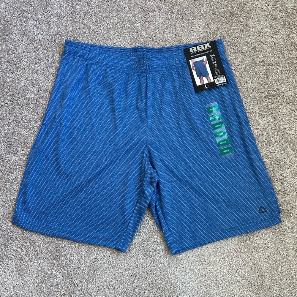 NWT RBX Mens Birdseye Mesh Shorts Size Large Peacock Heather Blue Quick Dry